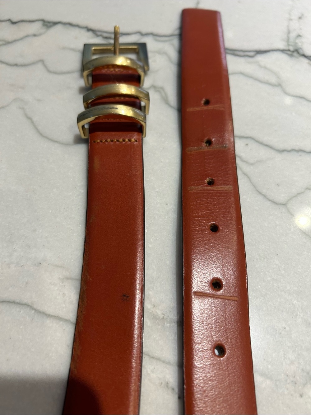 Rust Brown Leather Women's Belt with Gold Buckle